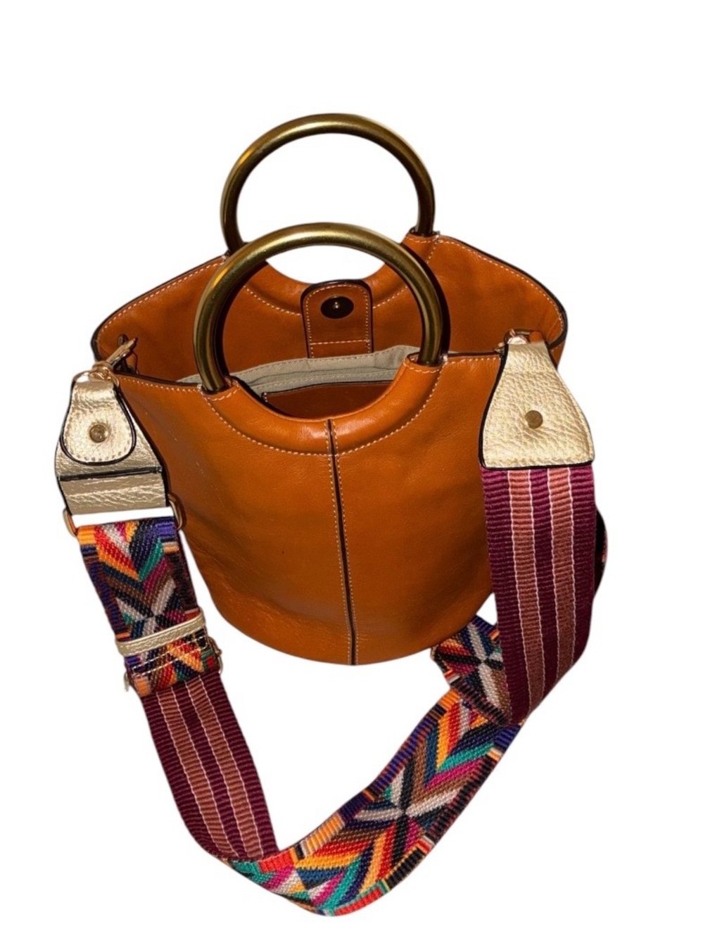 J.Crew cognac Italian leather bracelet bucket bag brass ring handles.